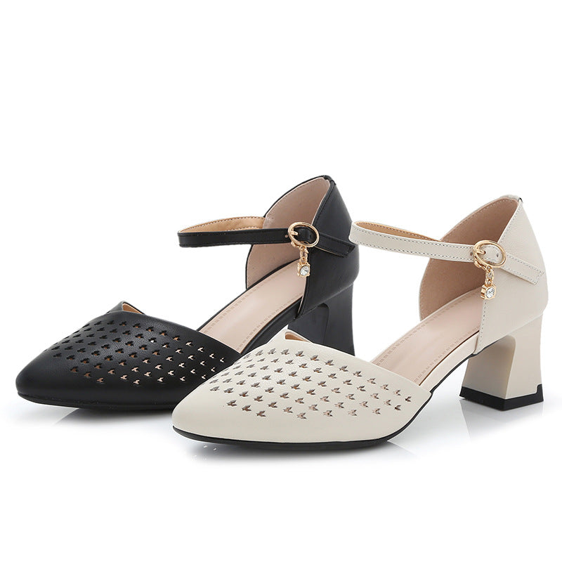 Women's Summer Middle Chunky Buckle Hollowed Plus Heels
