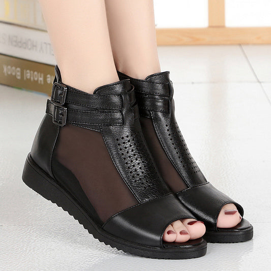 Women's Genuine Mesh Peep Toe Wedge Thick Sandals