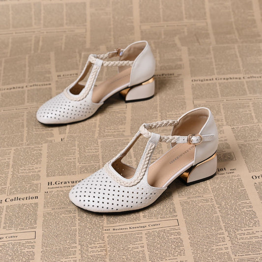 Summer Weaving Hollow Round Toe Low-cut Chunky Soft Bottom Heels