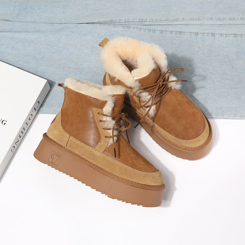 Women's Genuine Wool Thick-soled Short Winter Fleece-lined Snow Boots