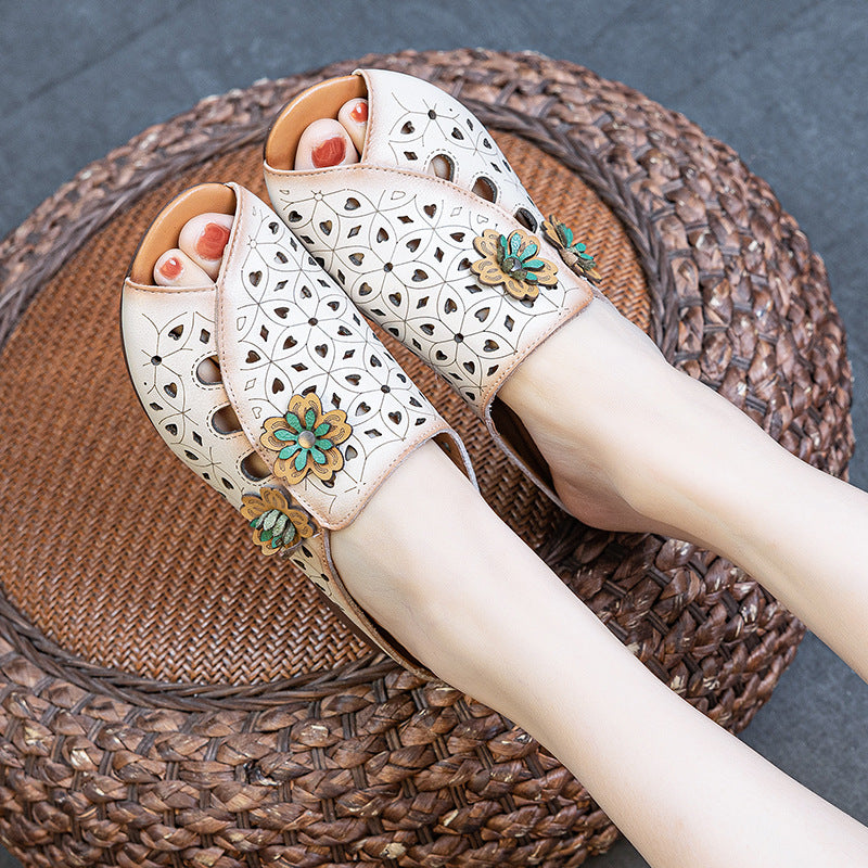 Women's Chunky Top Layer Cowhide Ethnic Style Heels