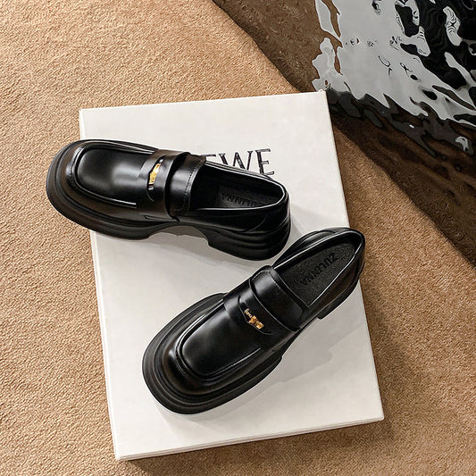 High Platform Genuine Soft Gold Coin Buckle Muffin Increased Loafers