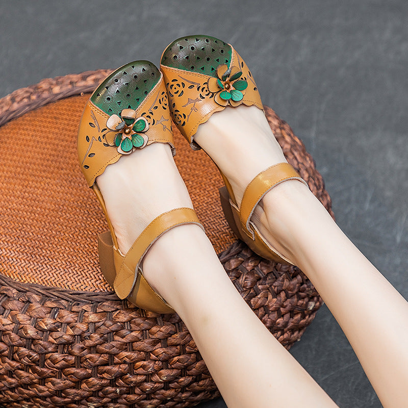 Women's Hollowed Ethnic Style Top Layer Cowhide Thick Velcro Flower Heels