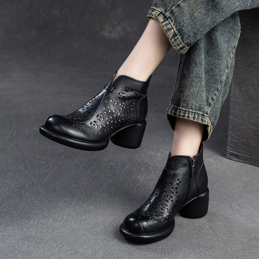 Round Head First Layer Cowhide Retro Heels