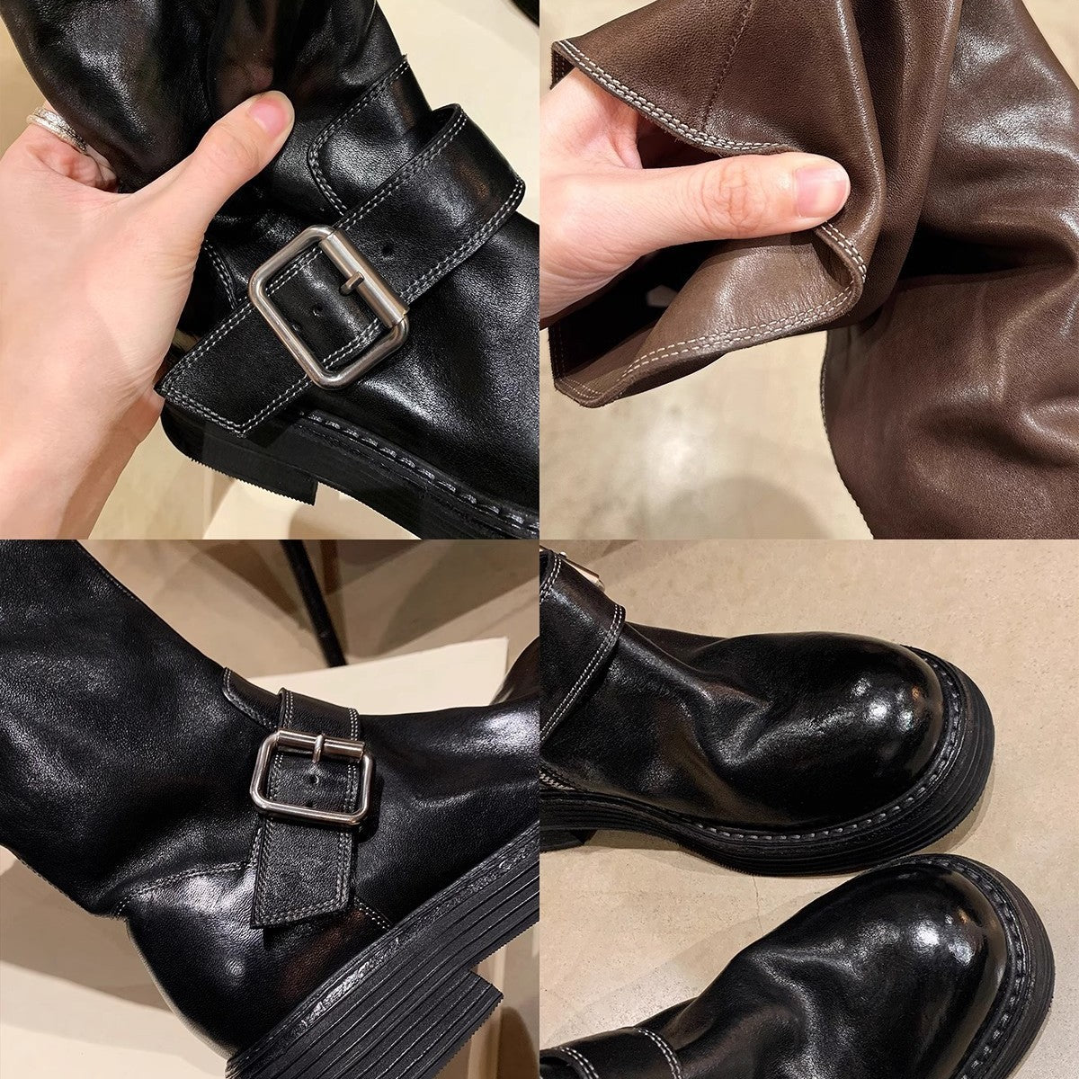 Women's Washed Horse Round Head Chunky Motorcycle Boots