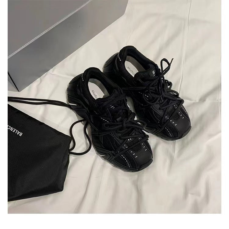 Women's Double Shoelace Mesh Stitching Thick Bottom Sneakers