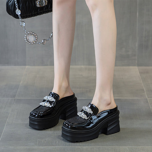 Women's Half Mesh Rhinestone Outer Wear Small Raise Slippers