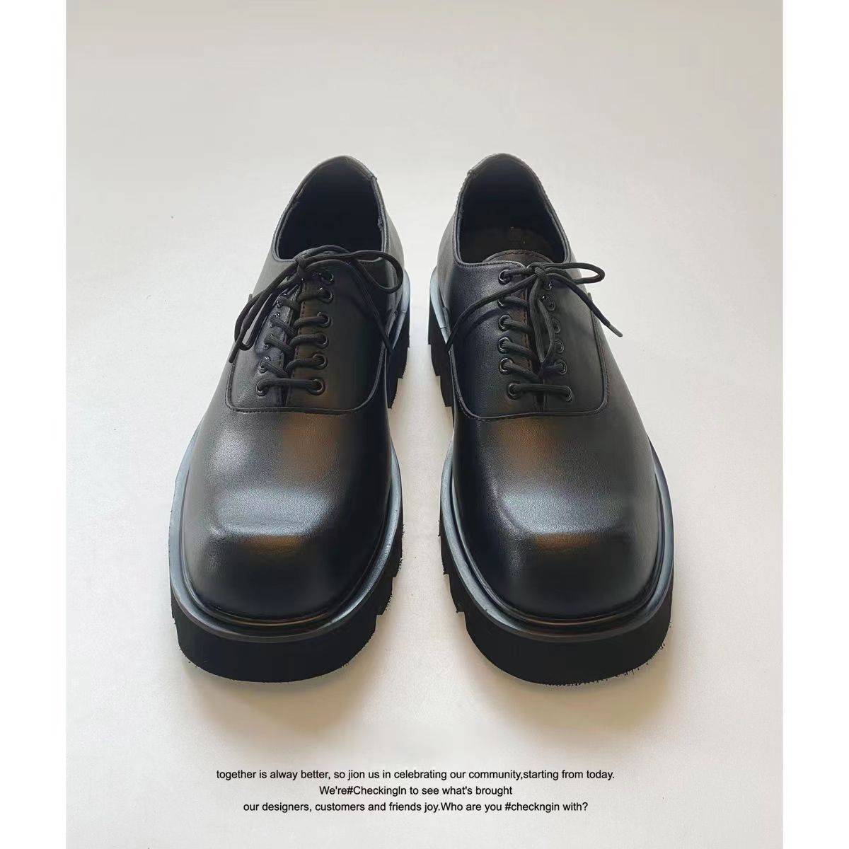 Men's Square Toe Korean Fashionable Breathable British Thick Bottom Leather Shoes
