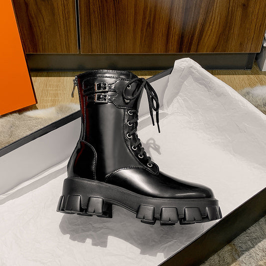 Women's Platform Motorcycle High Round Toe Black Length Preppy Boots