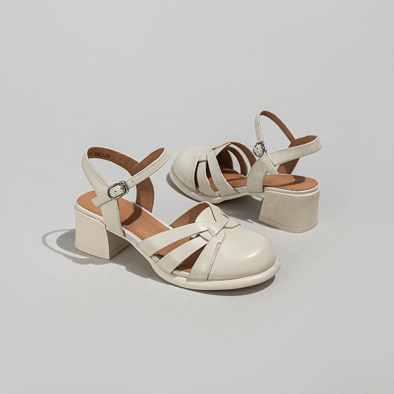 Women's Mid Weaving Hollow Closed Toe Mom Sandals