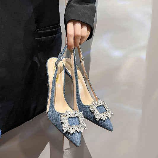 Pointed Toe Low-cut Rhinestone Square Buckle Versatile Fashion Heels