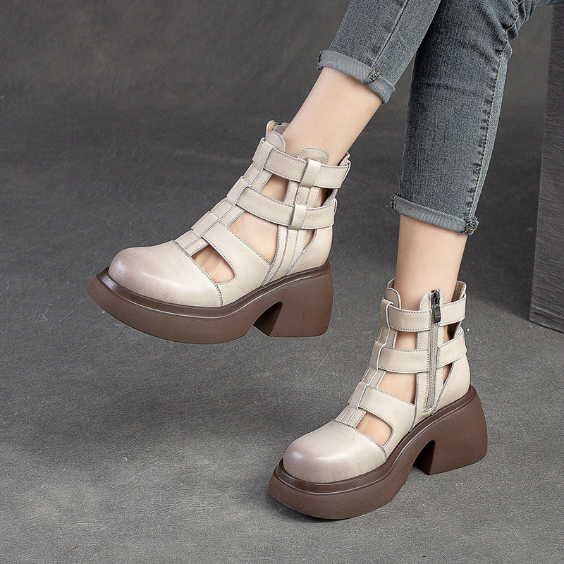 Women's Hole Hollow Side Zipper Top Layer Cowhide Round Heels
