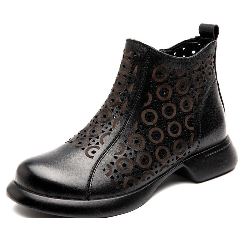 Women's Cowhide Soft Bottom Chunky Hollow Retro Heels