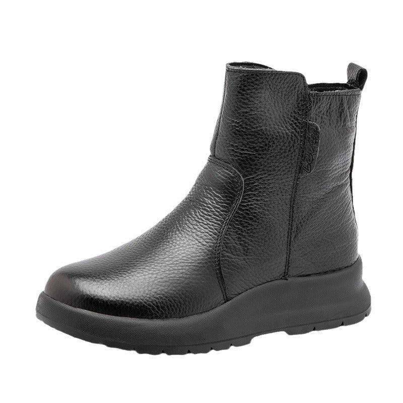 Women's Layer Cowhide Mother's Cotton Flat Leisure Warm Snow Boots