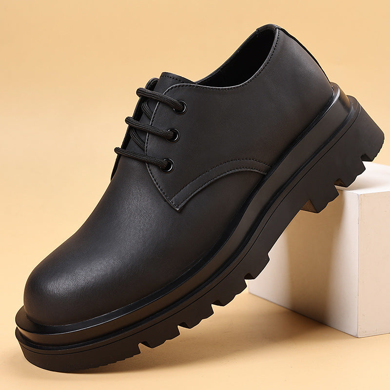 Men's Matte Polished Black Big Head Derby Retro Trendy Men's Casual Leather Shoes
