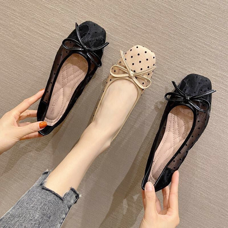Mesh Fairy Summer Versatile Square Toe Flat Bow Casual Shoes