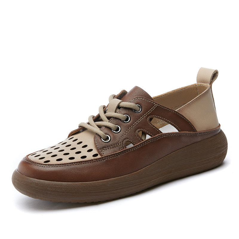 Top Layer Cowhide Hollow Hole Flat Sandals