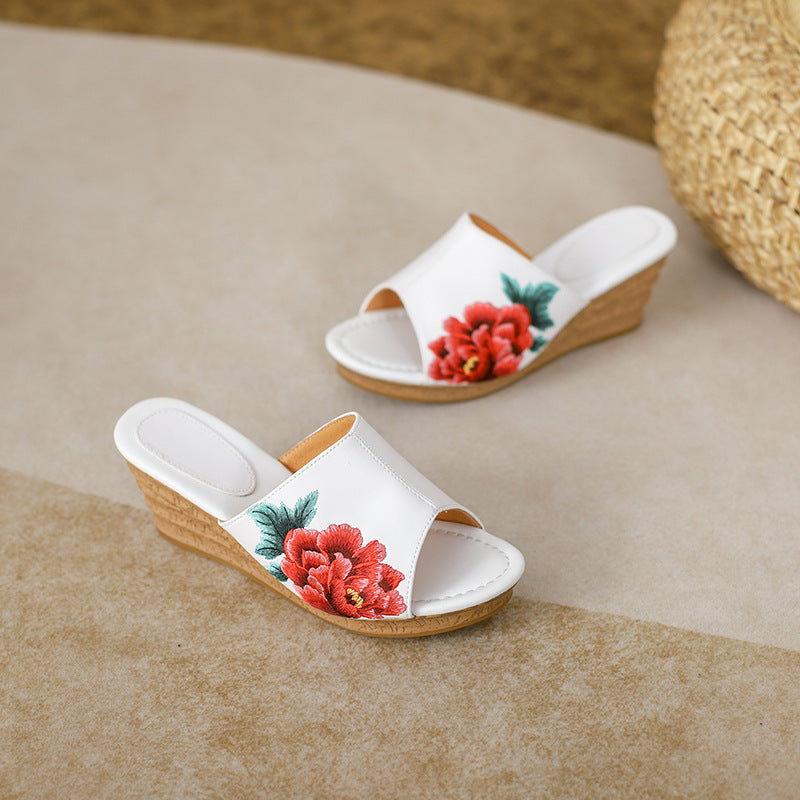 Women's Peony Embroidered Summer High Peep Toe Heels