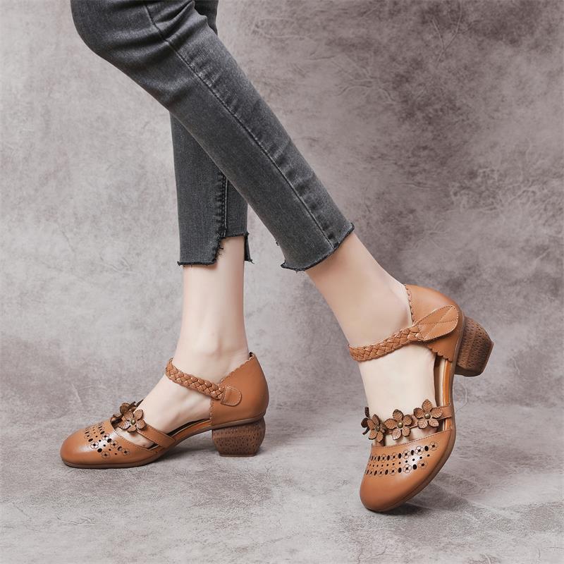 Women's Ethnic Style Thick Mid Punching Hollow Sandals