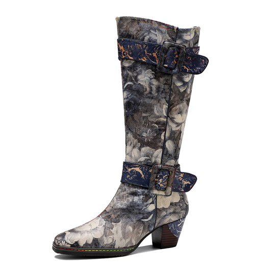 Women's Painting Landscape Pattern Printed Belt Buckle Boots