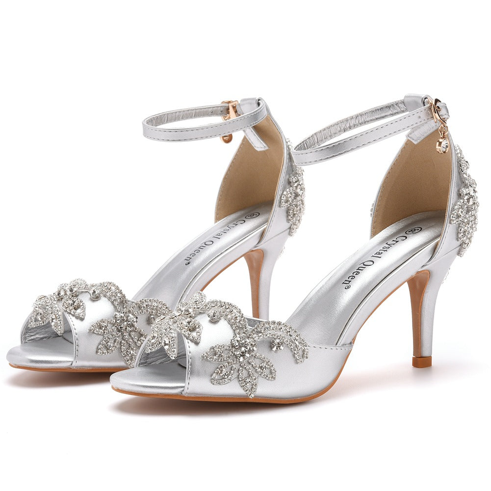 Cloth Bride High-heeled Shallow Mouth Word Plus Size Rhinestone Heels