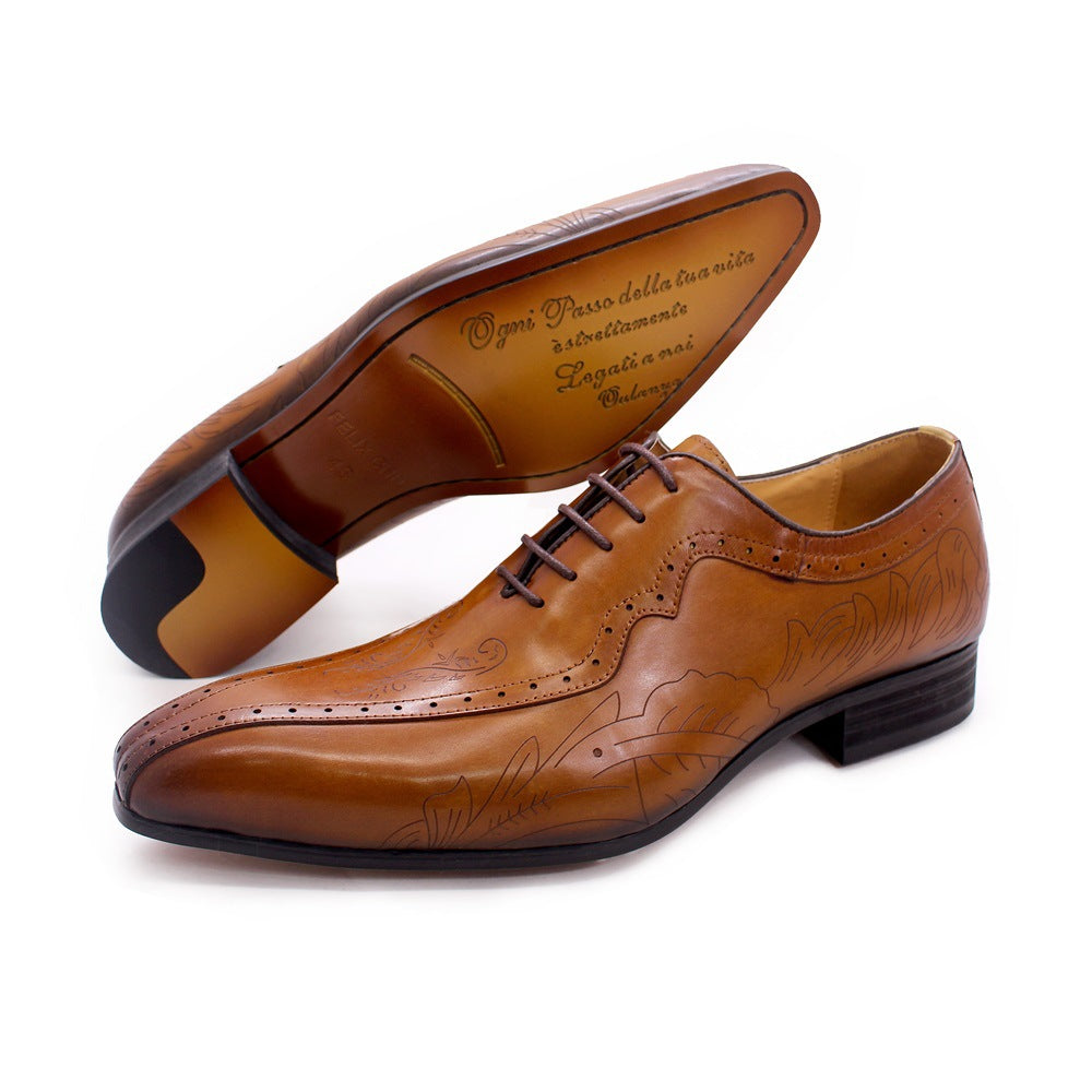Men's Pointed Business Carved Brown Oxford Leather Shoes