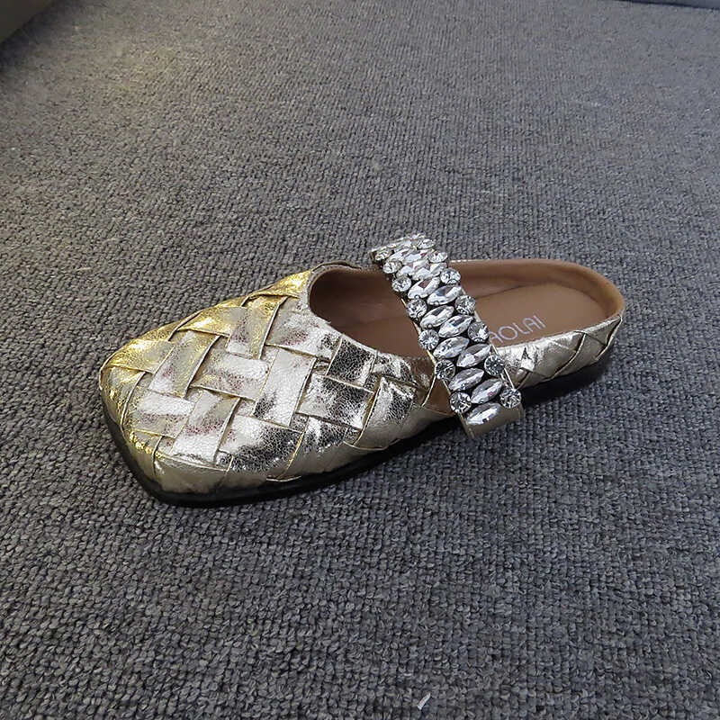Rhinestone Relief Sole Outer Wear Woven Slippers