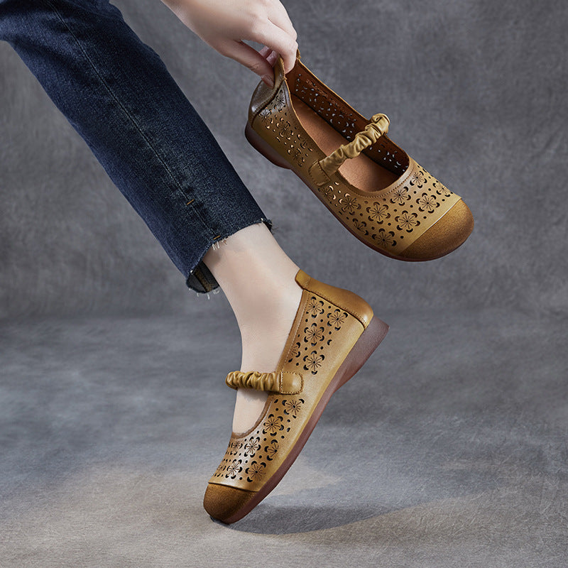 Women's First Layer Cowhide Retro Hole Hollow Breathable Soft Bottom Casual Shoes