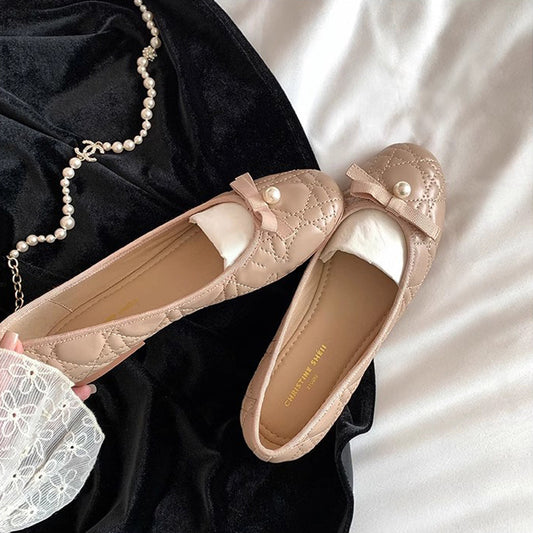 Su Miss Pearl Bow Lambskin Rhombus Flat Pumps Women's Shoes