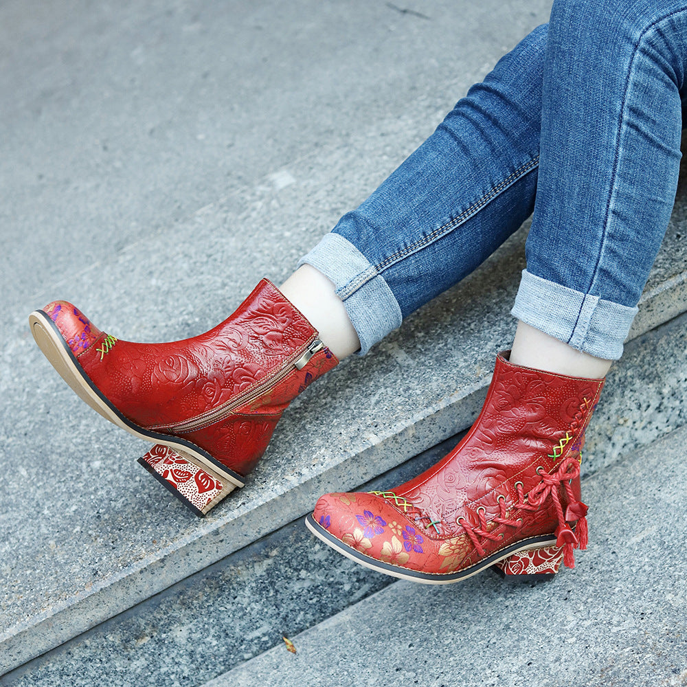 Women's Hand-rub Color Genuine Stitching Printing Straps Boots