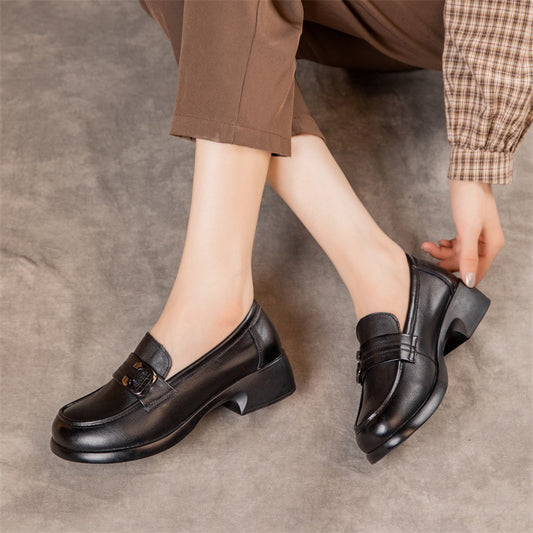Spring British Deep Mouth Chunky Round Leather Shoes