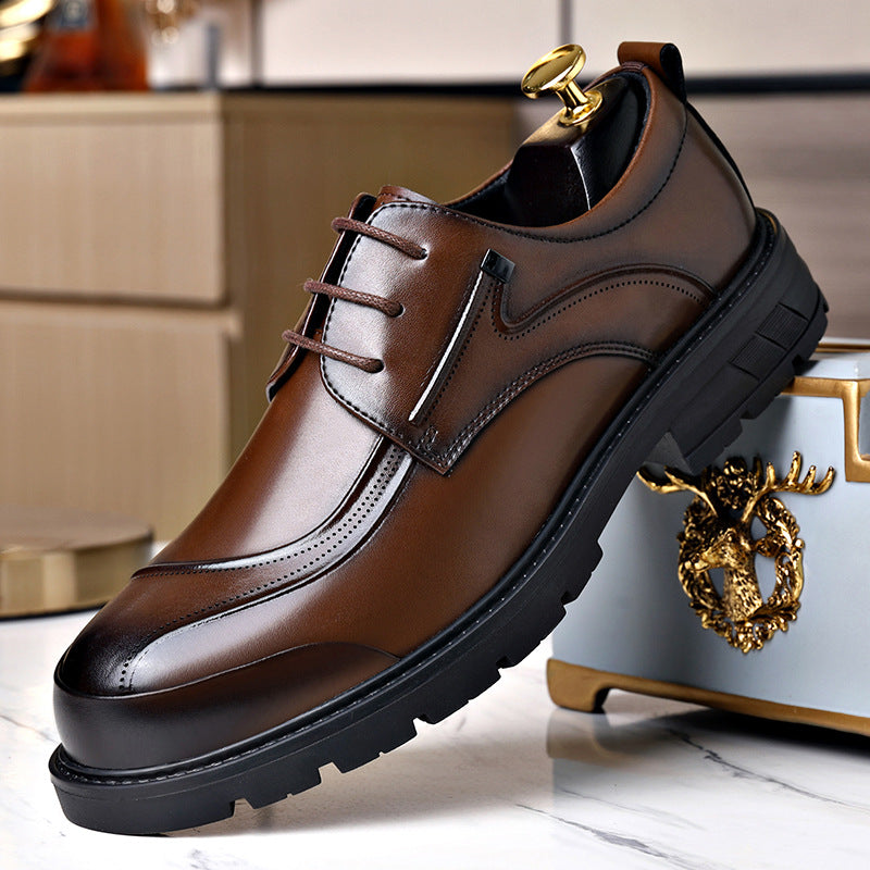 Men's Thick Bottom Big Head Brown Fashion Men's Business Leather Shoes