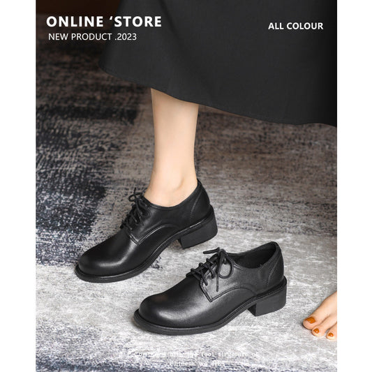 Women's Black Chunky British Style Lace Up Leather Shoes