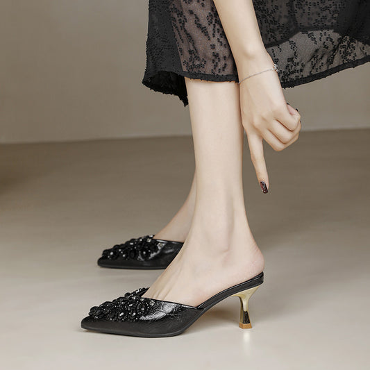 Women's Half Outer Wear Rhinestone Pointed Plus Size High Heels