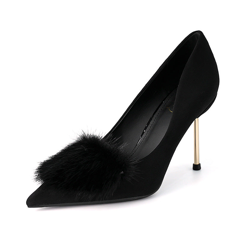 Women's Spring Style Black Fur High Stiletto Not Tired Women's Fashion Shoes