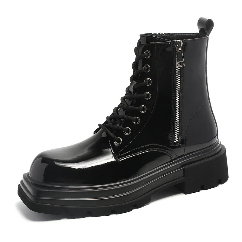 Men's Autumn Front Side Zipper Black Bright Boots