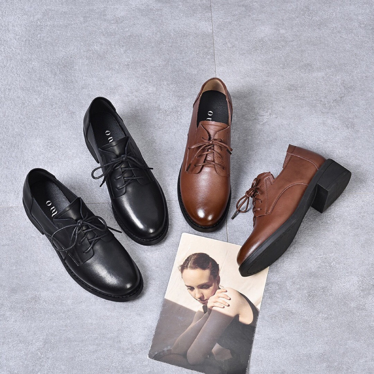 Women's British Style Soft Black Chunky Preppy Leather Shoes