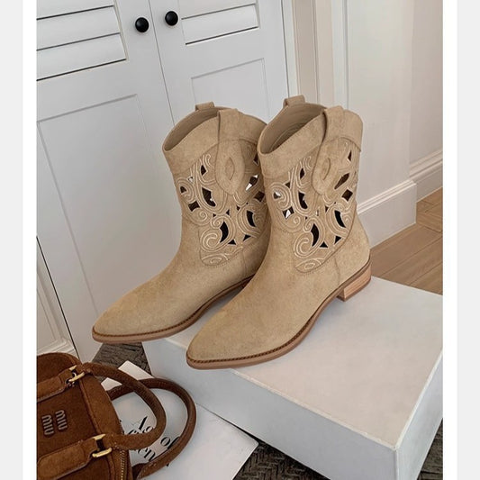 Two Versions Hot Hollowed Embroidery Chunky Knee-high Boots