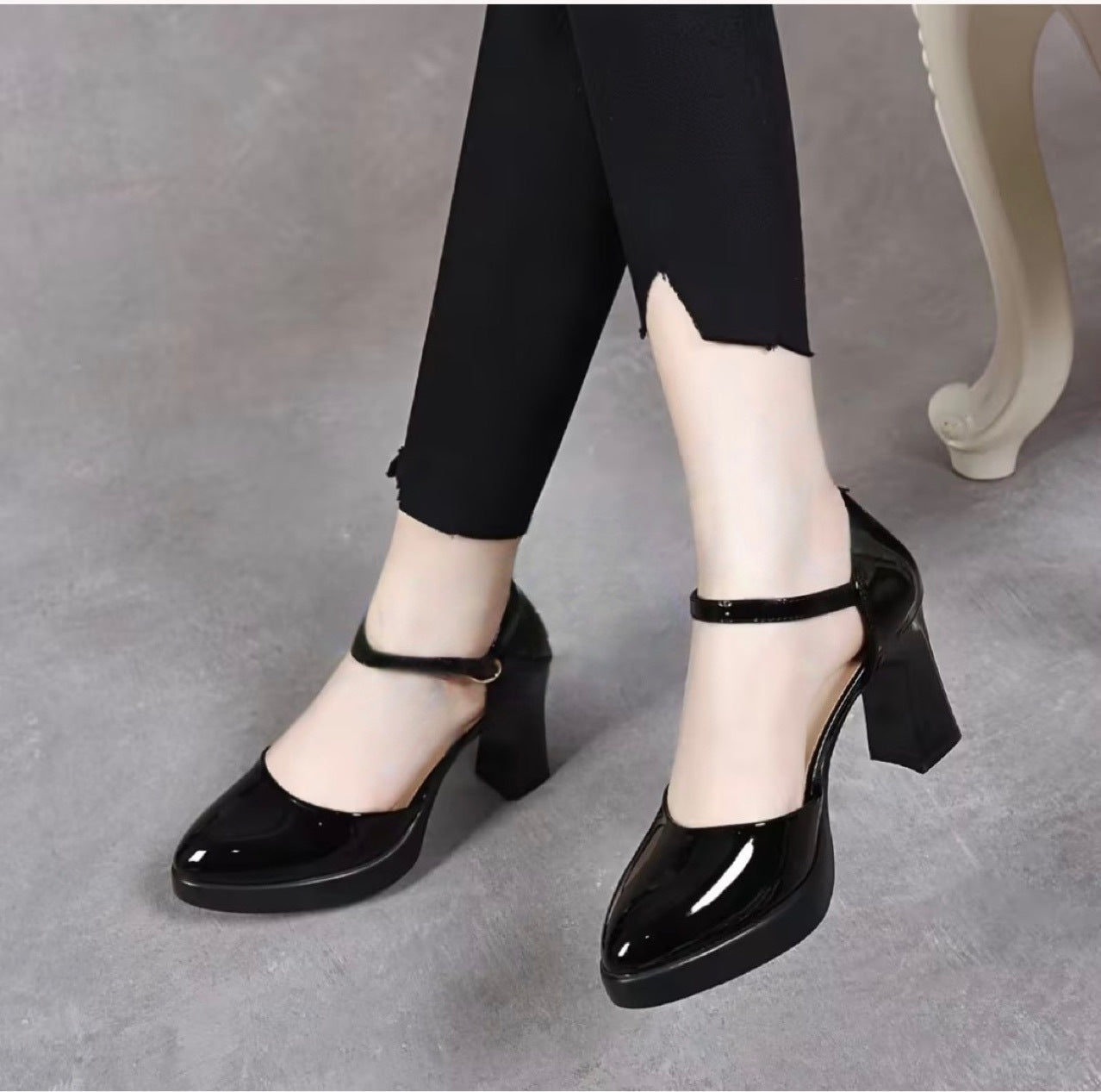 Women's Closed Toe Buckle Genuine Patent Pumps Heels