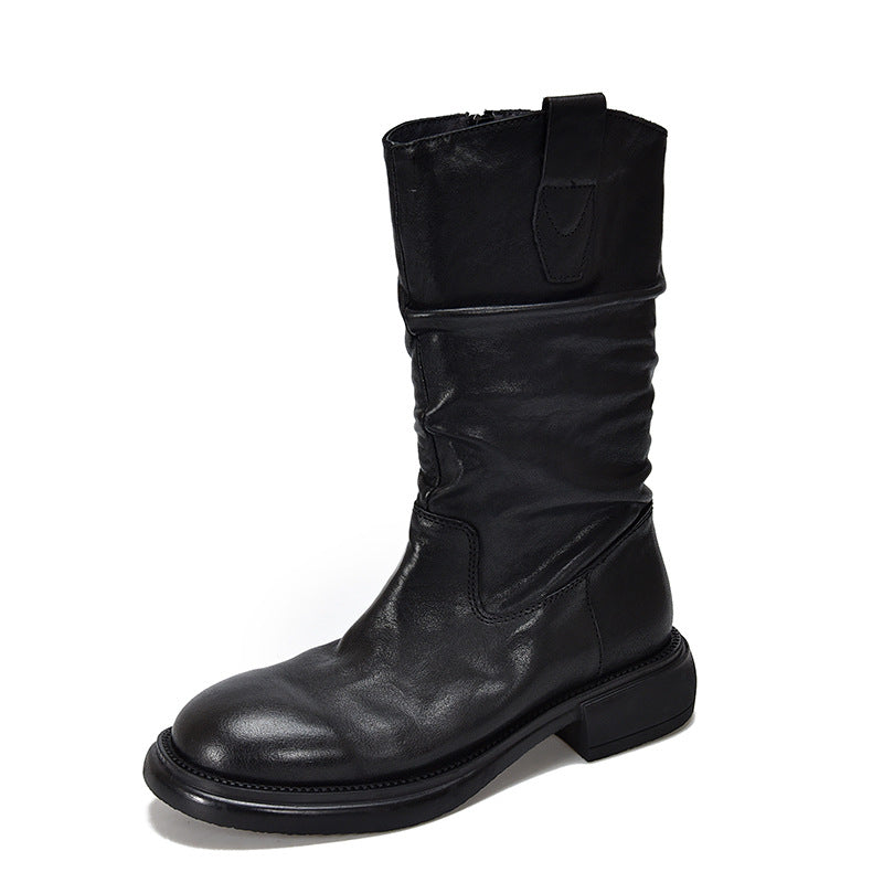 Women's Tanned Cowhide Mid Side Zipper Round Boots