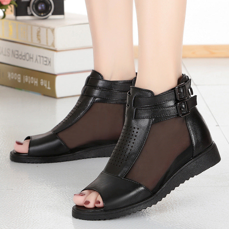 Women's Genuine Mesh Peep Toe Wedge Thick Sandals