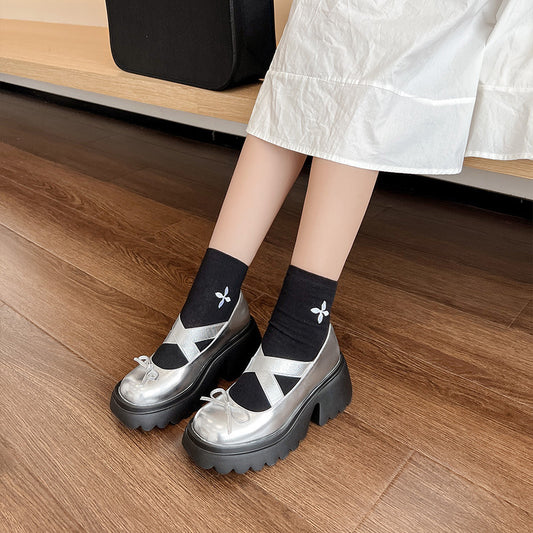 Women's Bow Round Head Fashion Thick Bottom Chunky French Loafers