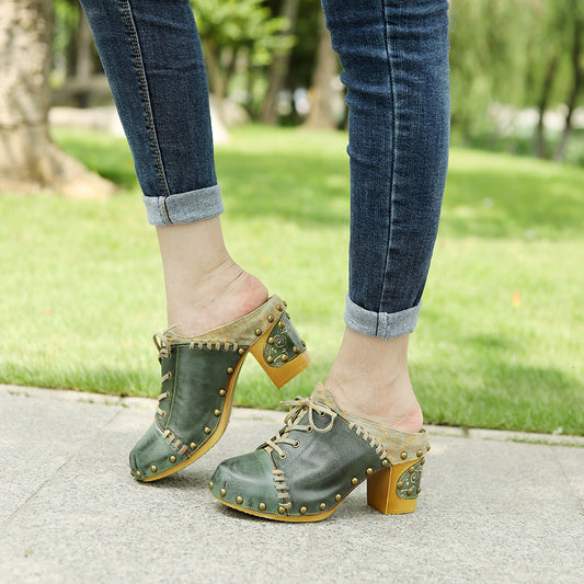 Genuine Hand-rub Color Retro Street Style Rivet Heels