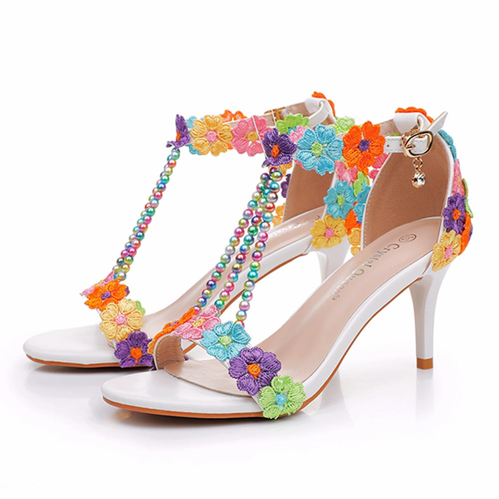 Strap Stiletto Beaded White Lace Flower Heels