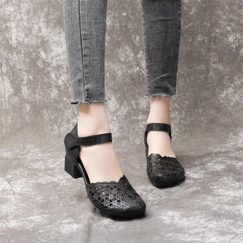 Women's First Layer Cowhide Thick Mid Round Heels