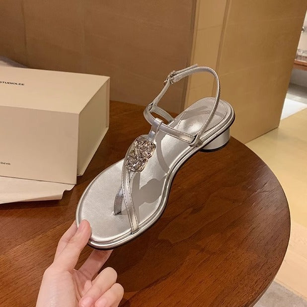 Women's Style Thin Strap Metal Buckle Chunky Heels