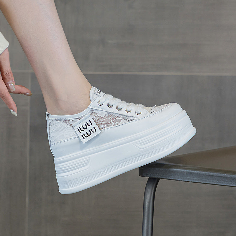 Women's Thick Bottom Hidden White Mesh Breathable Summer Small Heels