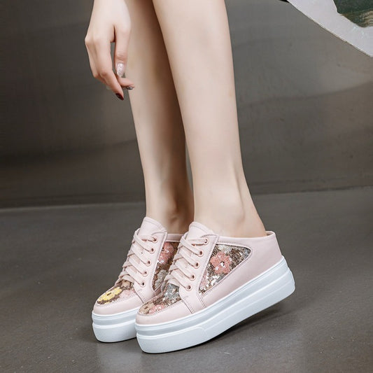 Women's Mesh Sequin Platform Closed Toe Lazy Small Slippers