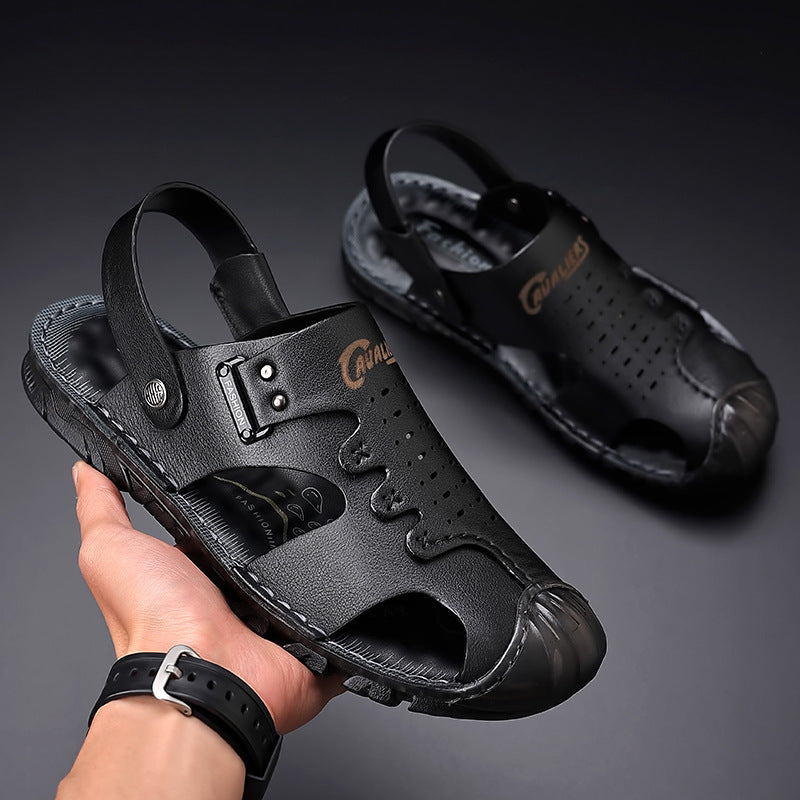 Men's Cowhide Closed Toe Two-way Breathable Genuine Beach Sandals