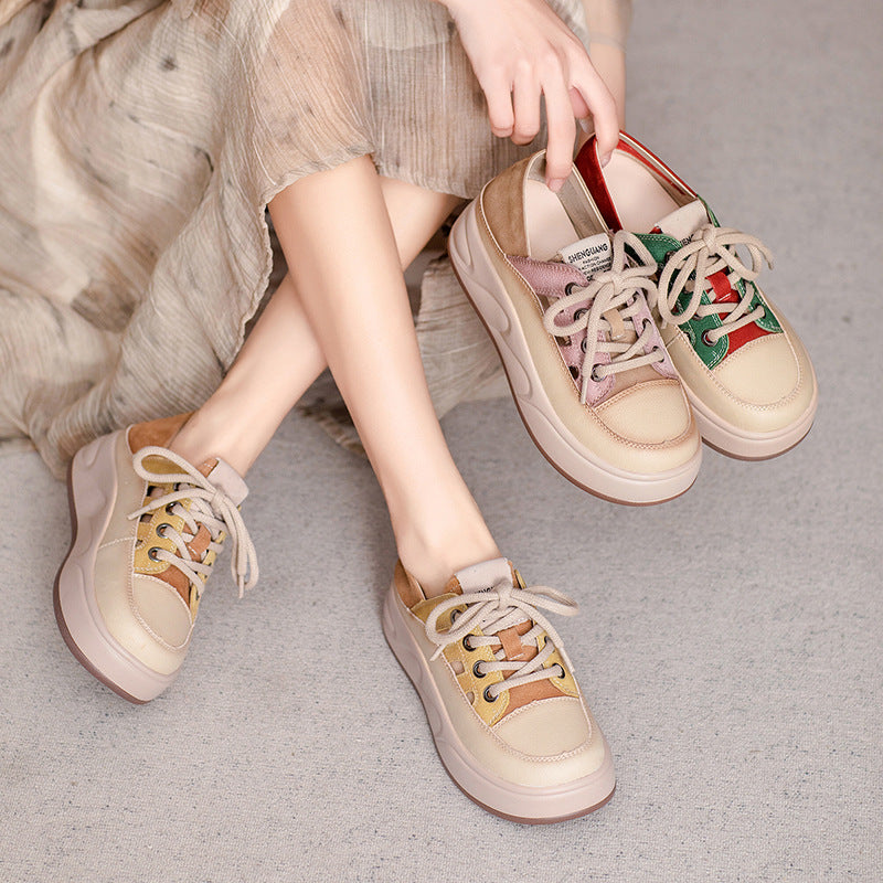 Women's Cowhide Platform Genuine Simple Color Matching Women's Casual Shoes